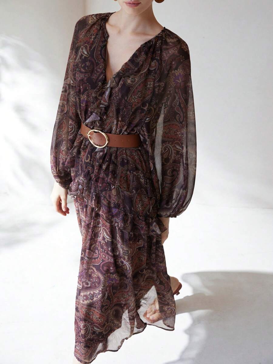 Aveloria Modichic 波西米亚风格宽松荷叶边下摆连衣裙配腰带，多层长袖连衣裙 - 彩色 - 查看 1