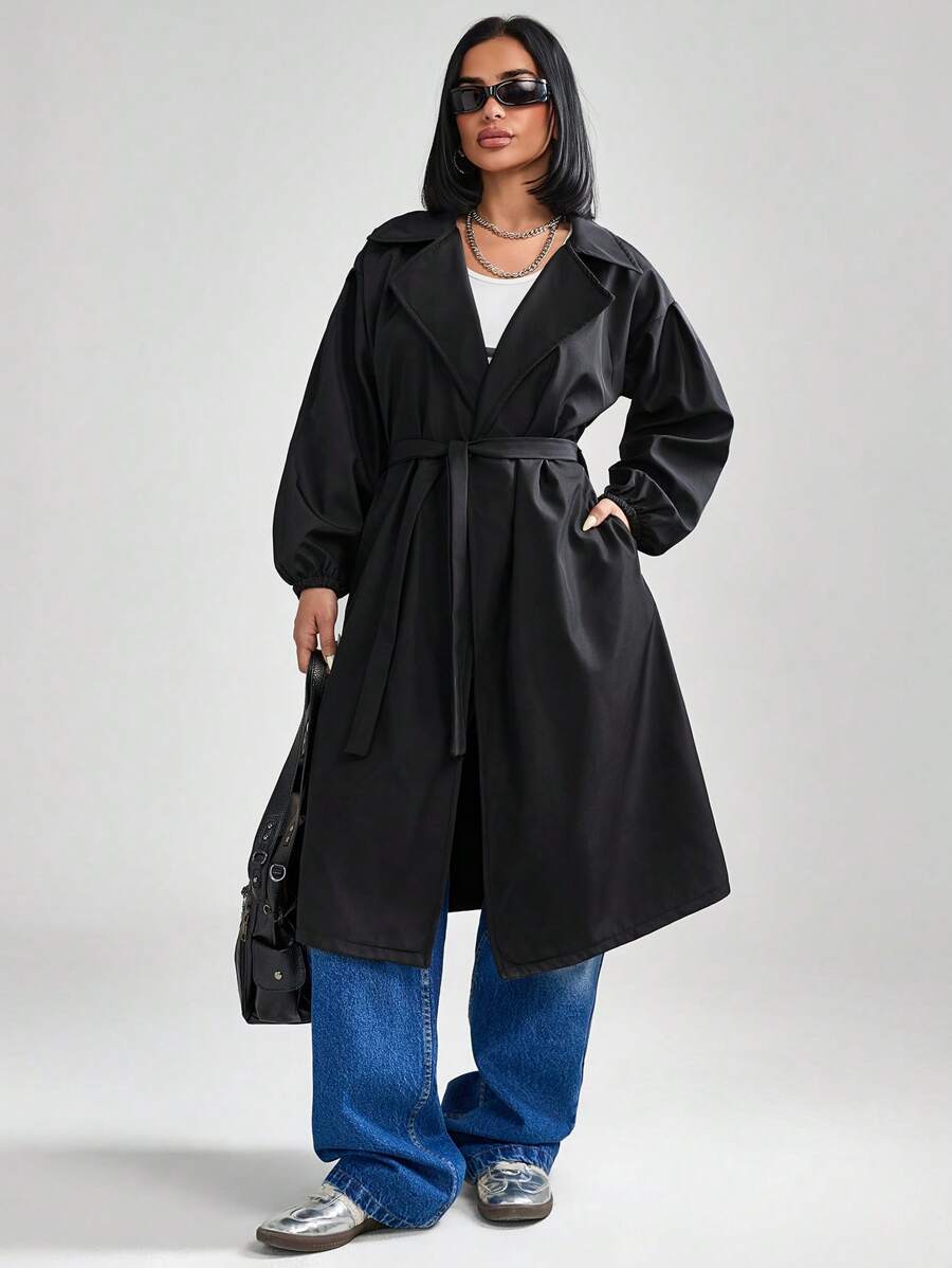 RueChic 女士纯色灯笼袖长袖系带秋季休闲街头风黑色中长款宽松外套 - 黑色 - 查看 1