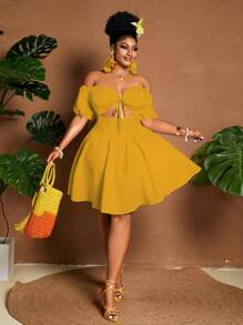 Maweii Plus Size Women's Solid Color Off Shoulder Short Puff Sleeve Hollow Out Design Sexy Dress
