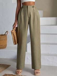 EURMUSE Women Front Two Sided Button Detailed Linen Pants - Green - View 1