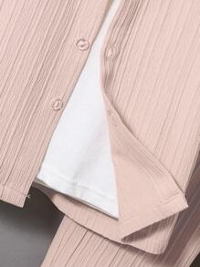 SHEIN Vintaside Kids 2 件套年轻男孩休闲学院风字母 Polo 领短袖衬衫和短裤，舒适透气，适合日常穿着、上学、度假、旅行、放松、日光浴、夏季 - 米色 - 查看 5