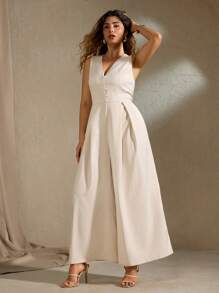 Roveilla Mono elegante de talla grande para mujeres, con escote en V, nudo a la cintura, pierna ancha suelta, sin mangas, estilo romántico francés, apto para vacaciones, oficina o fiesta