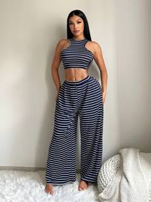 SHEIN SXY Set de 2 piezas con top ajustado sin mangas y pantalones con estampado de rayas para mujeres