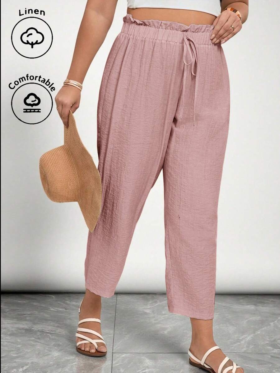 SHEIN VCAY Quần Capri vải lanh cỡ lớn dành cho nữ, Mùa hè, Bãi biển, Phong cách Boho, Bohemian, Thường ngày công sở - Bụi hồng - Xem 1