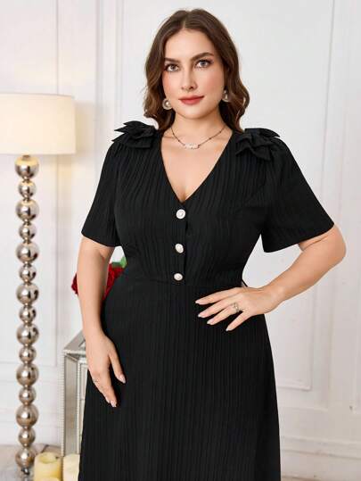 Modelyn 大码女式V领蝴蝶结腰短袖优雅通勤连衣裙