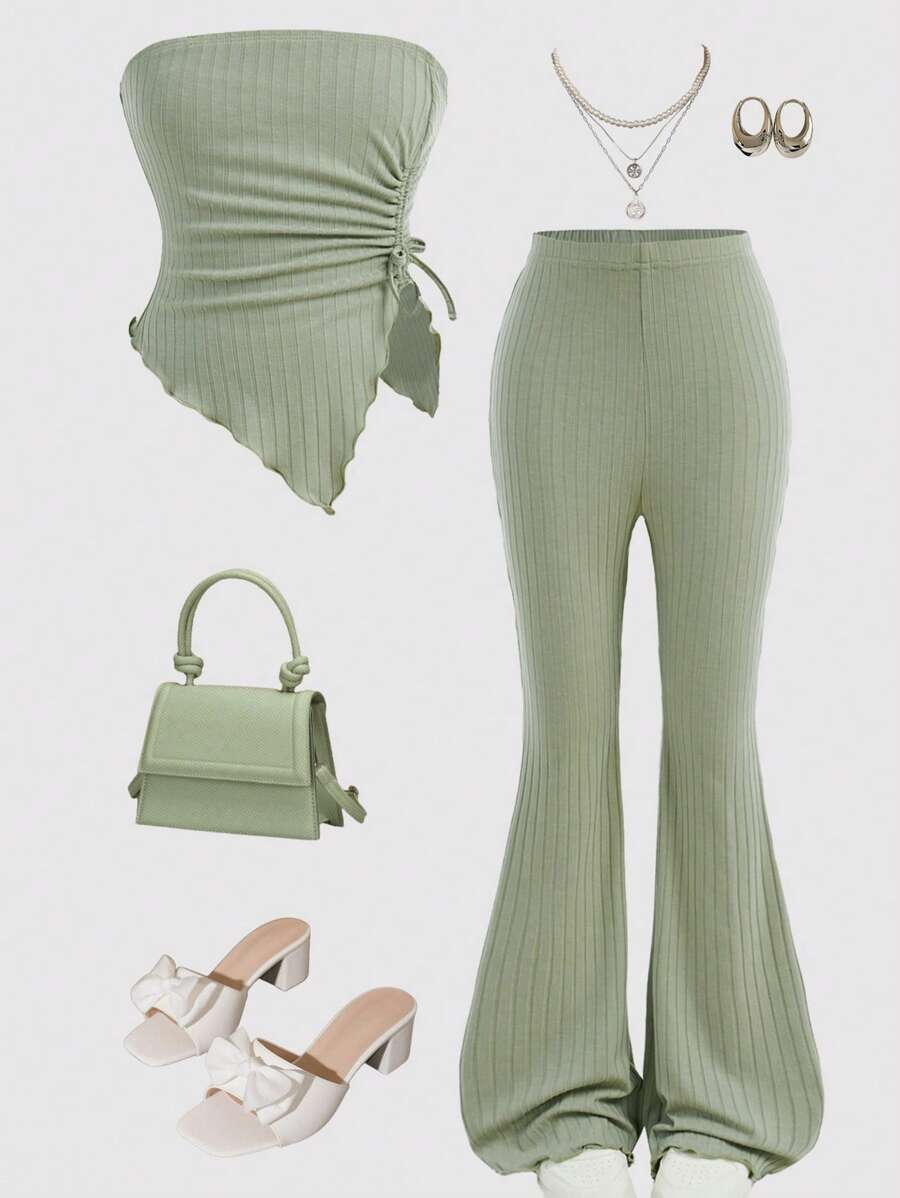 青少年女孩夏季纯色橄榄绿色休闲不对称下摆抽绳细节抹胸和喇叭裤 - 綠色 - 查看 1