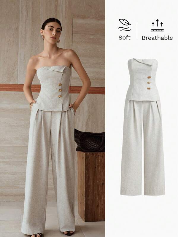 MOTF PREMIUM SLIM FIT TUBE TOP & FOLD PLEATED WIDE LEG PANTS SET