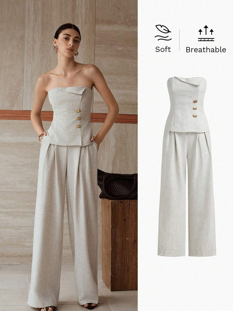 MOTF PREMIUM Ensemble Top tube ajusté et pantalon ample à plis creux - Beige - Voir 1