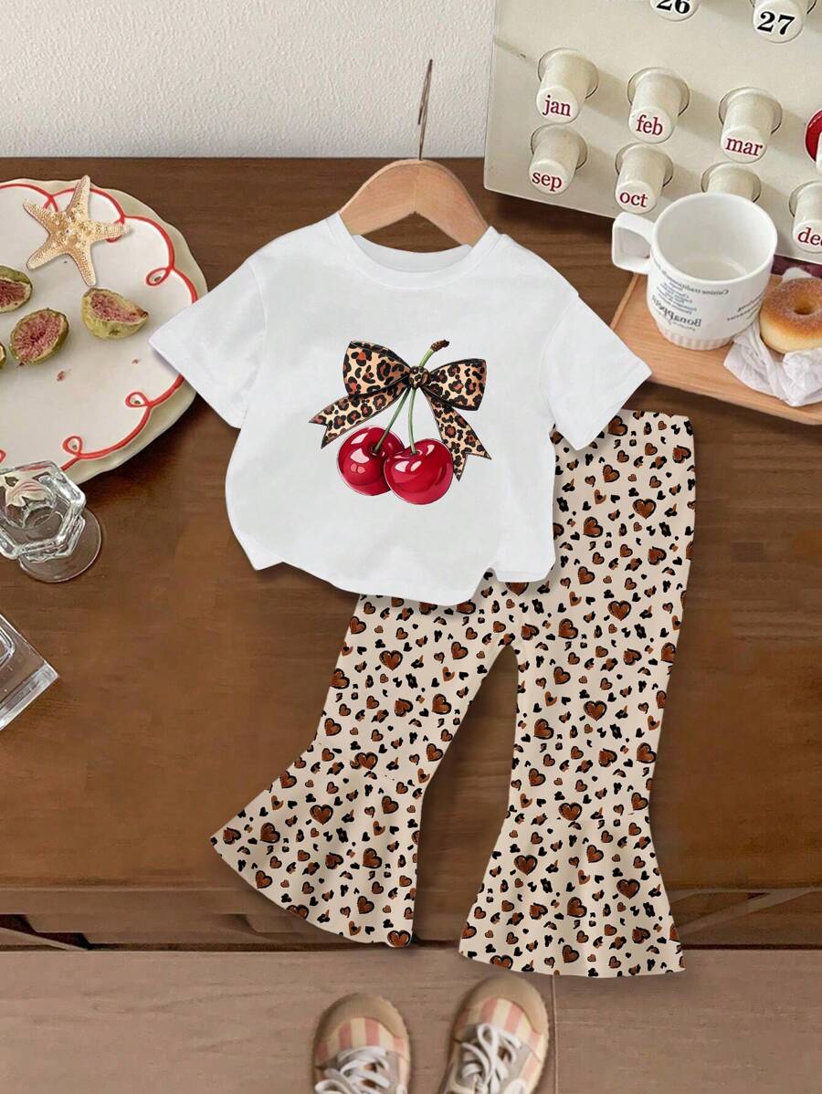 Baby Girl Leopard Bow Cherry Printed Round Neck Short Sleeve White T-Shirt And Leopard Knitted Flared Pants Set Leopard Print Baby Clothes - Multicolor - View 1