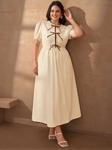 Chikora Plus Size Summer Casual Dress With Bow Decor Balloon Sleeves Summer Beige Dresses For Women Summer Elegant Dress Neutral Dresses - Apricot - View 6