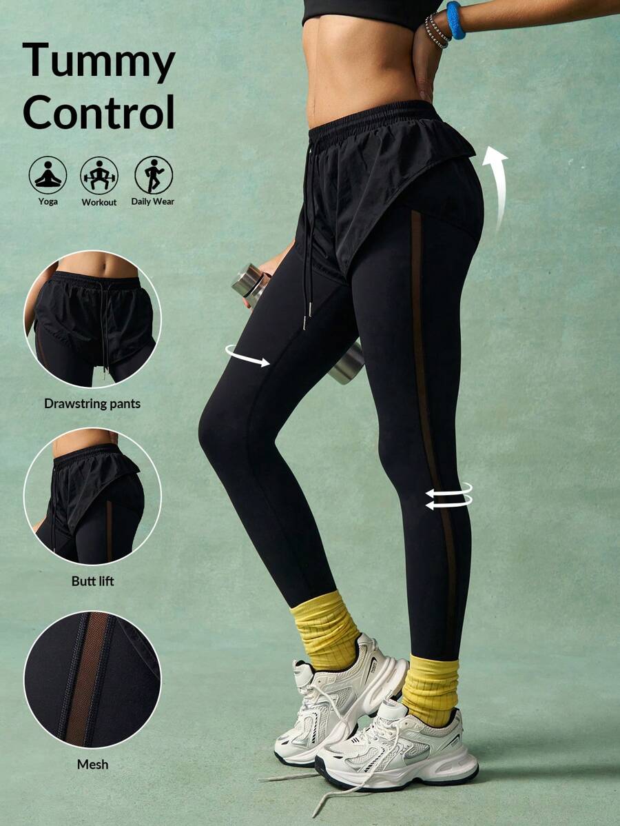 VARSIVA Versatile Black 2-In-1 Active Bottoms For Women Long Knitted Leggings Featuring Tummy Control, D Outer Drawstring Shorts With Mesh Details Perfect For Gym Workouts And Yoga.