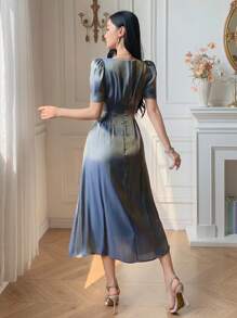 DAZY 女士优雅拼布方领泡泡袖中长连衣裙 - 藍色 - 查看 2