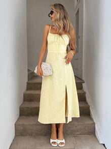 Easowa 荷叶边领结蝴蝶结收腰A字高开衩春夏无袖浅黄色纹理提花休闲度假优雅中长连衣裙 - 淡黃色 - 查看 6