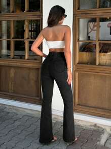 EURMUSE Casual Washed High Waist Split Hem Fitted Flare Leg Jeans - Black - View 2
