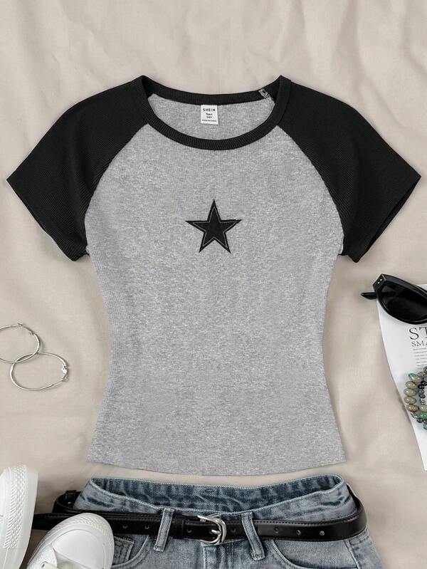 SHEIN Tween Girls' Casual Minimalist Comfort Patchwork Color Block Star Pattern Short Sleeve T-Shirt