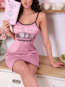 SweetSlumber Women Cute Cat Printed Spaghetti Strap Nightgown