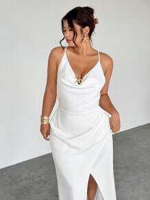 Firerie 大码女式优雅细肩带交叉后背开衩褶饰纯色长裙，带金属饰边，适合约会、度假、婚礼、情人节、音乐会、表演、高级宴会、舞会、性感、优雅、通勤、返校、海滩、浪漫、办公室女郎、美人鱼风格、生日派对 - 白色 - 查看 3
