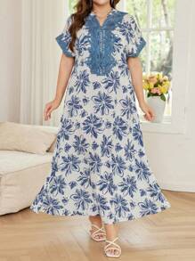 Al Najma 女式宽松休闲刺绣装饰纯色纹理印花短袖土耳其/阿拉伯风格连衣裙 - 彩色 - 查看 5