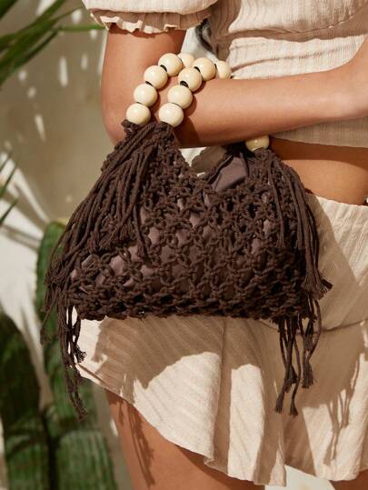 SHEIN SXY Women's Fashion Summer Vacation Woven Crochet Wooden Bead Handheld Tote Bag