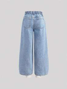 Girlism Tween Girls' Elegant Light Washed Distressed Bowknot High Waist Baggy Denim Straight Leg With Pocket Insert,Faux Pearl,And Frayed Hem,For Spring And Summer Vacation Festival Outfits,Girls Summer Beach Boho Vacation Wide Leg Pants, Summer Concert Festival Casual Rave Outfits, Girls Summer Brunch Church Graduation Outfits - Light Wash - View 2