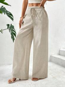 SHEIN PETITE Quần vải lanh trơn màu cho nữ có túi ống rộng, quần đi làm có họa tiết, quần vải lanh phong cách Old Money, quần rộng thùng thình, quần đi biển mùa hè cho nữ, quần ống rộng cho nữ, quần túi hộp - Màu be - Xem 5