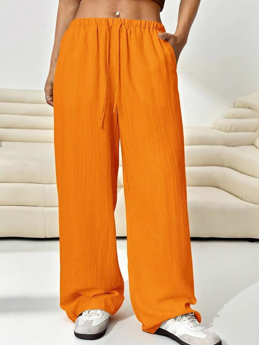 SHEIN EZwear 女士加大码橙色梭织宽松长裤 - 橘色 - 查看 1