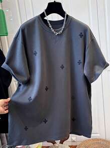 SHEIN Plus Size Women Casual Solid Color Round Neck Short Sleeve T-Shirt CC199 - Dark Grey - View 4