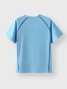 JNSQ Back To School Tween Boy Sports T-Shirt, Children's Round Neck 4-Needle 6-Thread Contrast Color Seamless Crafted Front 3M Reflective Print Professional Outdoor Sports T-Shirt - Baby Blue - View 7