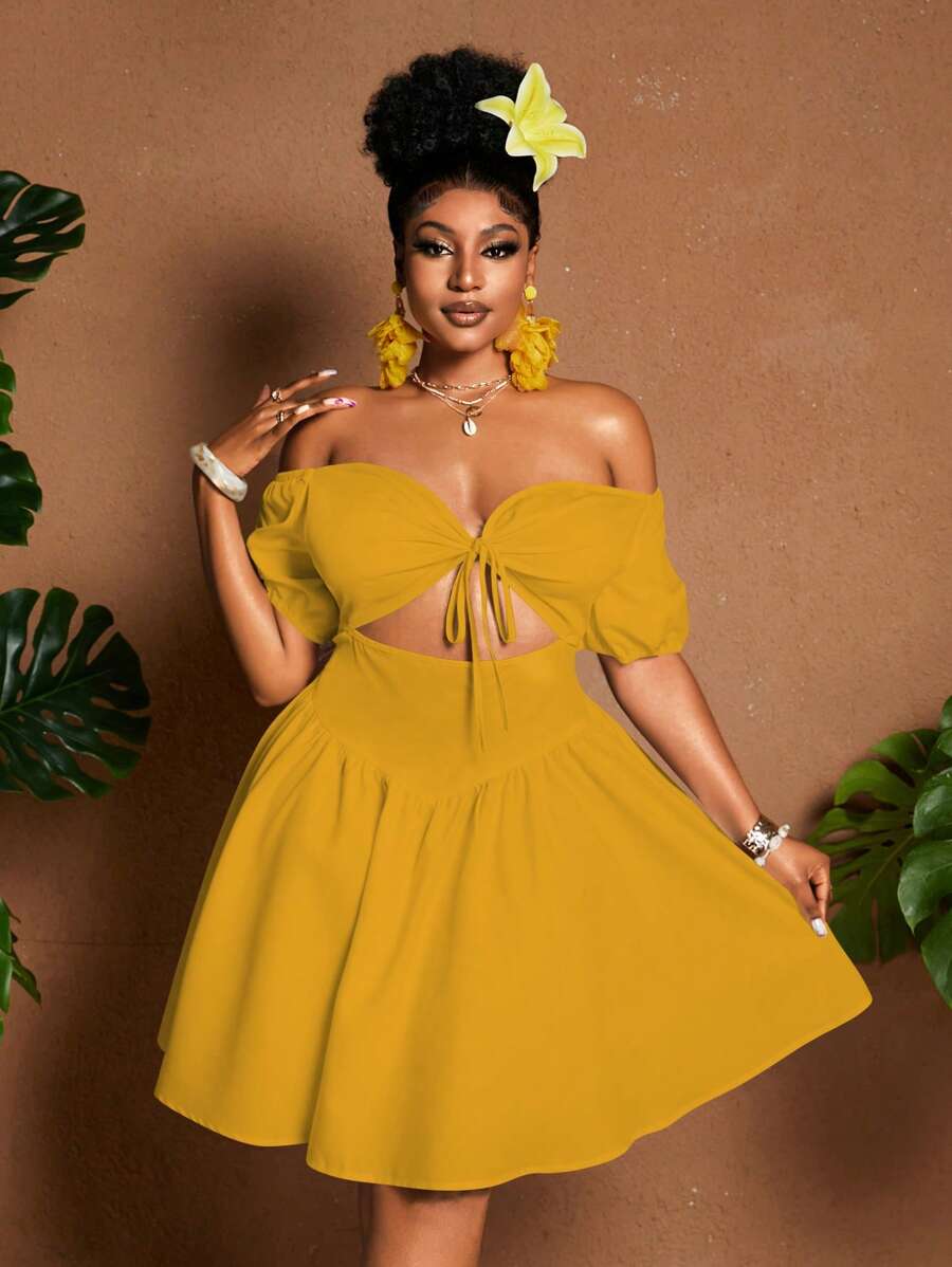 Maweii Plus Size Women's Solid Color Off Shoulder Short Puff Sleeve Hollow Out Design Sexy Dress