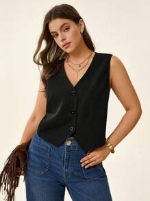 SHEIN LUNE Blusa senza maniche casual estiva di colore solido per donne taglia curvy, adatta per insegnanti, multi-occasione, primavera e autunno, per ufficio e scuola - nero - Visualizzare 5