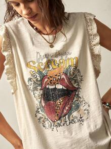 Bohemela Parte superior tipo tank con cuello redondo, volantes y estampado gráfico para mujer de talla grande