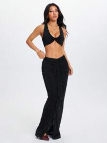 SHEIN PETITE Set de bluză fără mâneci cu noduri răsucite și fustă cu talie joasă pentru femei