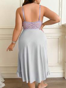 SHEIN Plus Size Lace Splice Knit Deep V Sexy Embroidery Decor Camisole Nightgown - Baby Blue - View 2