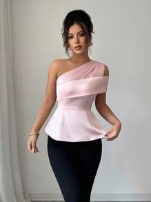 Rafferiza 女士优雅宴会露肩拼接腰衬衫，春夏 - 粉色 - 查看 4