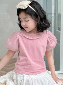 Dazy Kids 女童圆领泡泡袖休闲清爽夏季短袖T恤