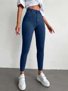 EURMUSE 96% Cotton High Waist Skinny Cropped Jeans - Teal Blue - View 3