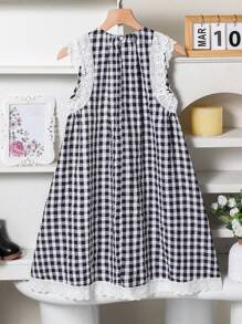 WESTFADE Young Vestido holgado y lindo con cuello redondo y mangas abullonadas a cuadros para niñas preadolescentes