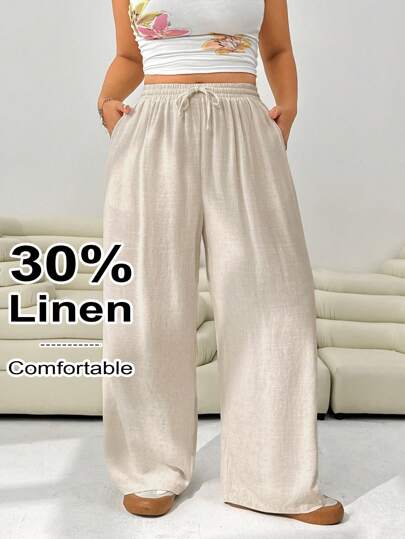Solflare Plus Size Women's Solid Color Waist Tie Pocket Loose Wide Leg Pants, Summer,Business Casual Woman,Vacation,European Summer,Country,Stockholm Style,Beach,Teacher, Linen Blend Pants,Office,School,Brunch,Old Money Style Women