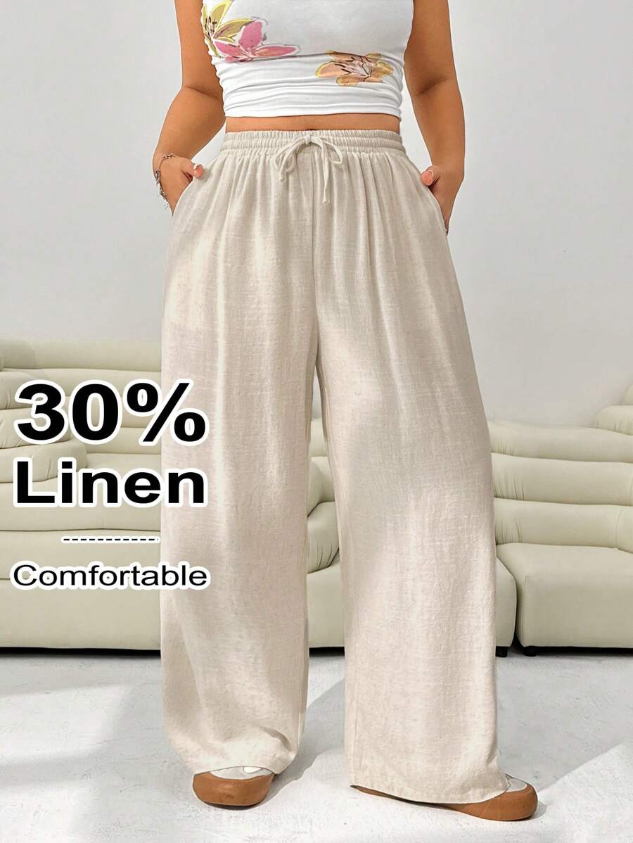 Solflare Quần ống rộng ống rộng màu trơn có túi thắt eo cỡ lớn cho nữ, mùa hè - Màu be - Xem 1