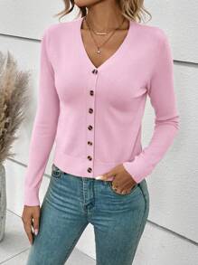 SHEIN Frenchy 女士纯色长袖单排扣开衫，酒红色 - 淺粉色 - 查看 6