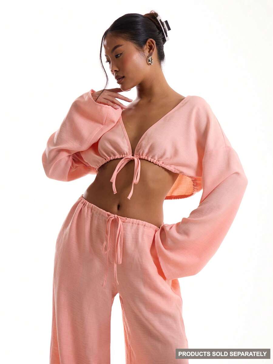 MUSERA Linen Feel Tie Front Wide Sleeve Beach Top Vacation  Spring Vacation Peach Holiday Sexy Going Out Top Elegant - Orange - View 1
