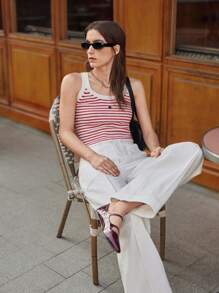 Muvela Sleeveless Red Striped Knit Top For Women Spring/Summer Must-Have Items: Retro Preppy Style, Back-To-School Outfits, Commuting, Office Wear, Afternoon Tea - Red - View 4