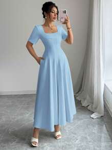 Elenzga 女士优雅简约工作服/休闲连衣裙，精致法式风格，修身多缝线和口袋，短袖，适合通勤、办公室、商务、度假、下午茶