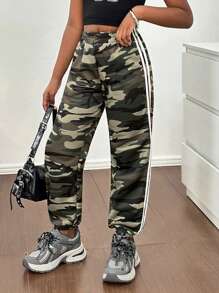 Tween Girls Casual Fashionable Street Camo Print Side Tape Trim Elasticated Sweatpants Fall Winter
