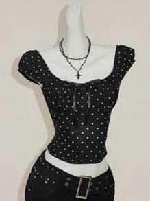 SHEIN ICON Camiseta ajustada de cuello cuadrado con lunares retro sexy