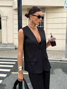 Siren Gaze Solid Open Front Vest Blazer In Fall/Winter Black Summer Elegant Formal Formal Black - Black - View 3