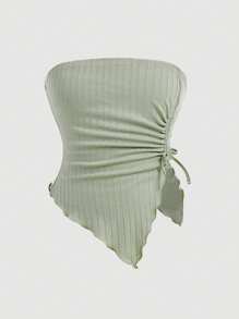 青少年女孩夏季纯色橄榄绿色休闲不对称下摆抽绳细节抹胸和喇叭裤 - 綠色 - 查看 4