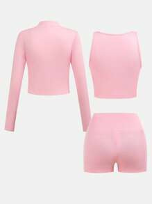 SHEIN Girlism 少女初秋/春季休闲三件套：拉链立领紧身长袖上衣、无袖短款背心和运动短裤。买一送三套装，返校装，可爱，适合节日家庭户外春季野餐日常穿着，适合各种场合 - 粉色 - 查看 2