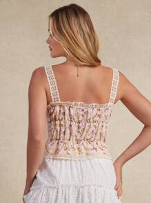 WESTFADE 夏季西部花卉印花编织钩编蕾丝肩带蝴蝶结前片层叠荷叶边下摆牛仔背心