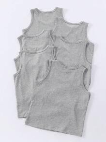 SHEIN Playful Pals 6pcs/Set Young Boy Solid White Crew Neck Tank Top, Soft & Comfortable Knit Fabric, Suitable For Daily Wear, Sports, Vacation, Can Be Paired With Shorts, 6-Piece Set, Suitable For School, Vacation, Holidays, Getaway, Holiday, Travel, Relax, Sunbathing, Summer - Grey - View 2